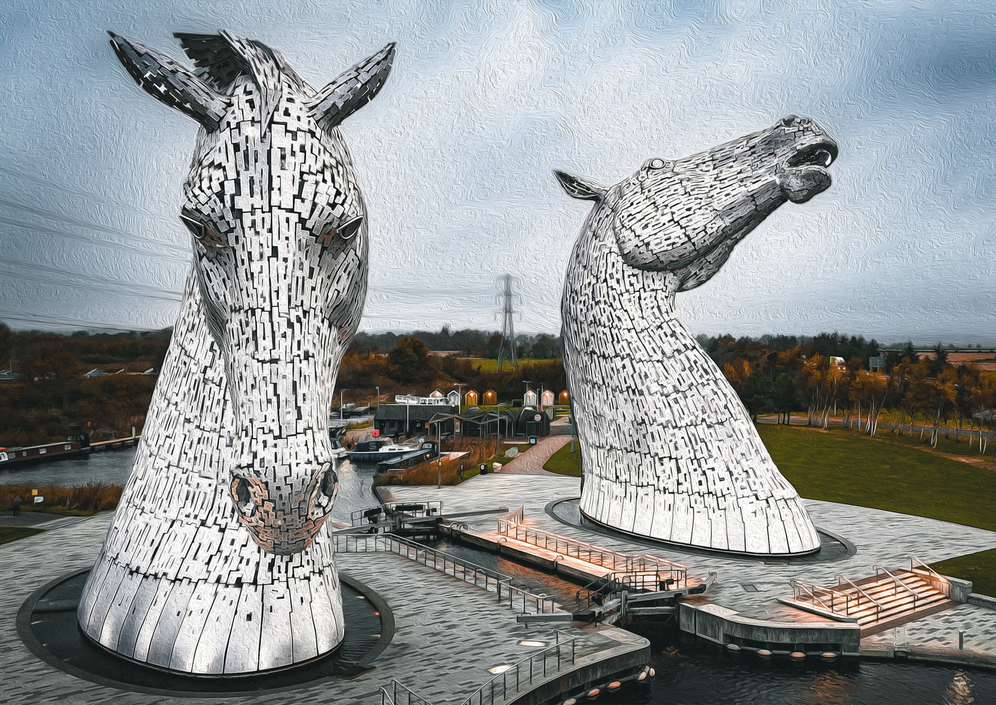 image of The kelpies modified to look like an oil painting